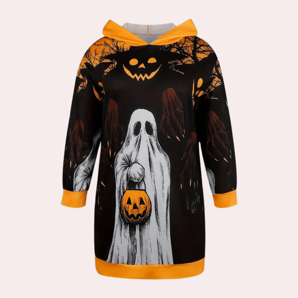 Halloween Hoodie Dress | Spooky Ghost & Pumpkin Print | Soft Fleece | Casual Loungewear