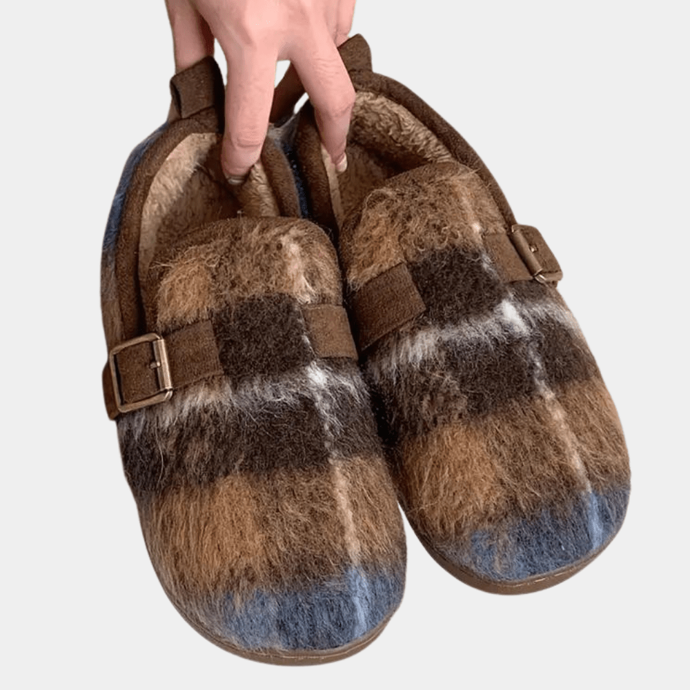 Plaid Fuzzy Clog Slippers | Warm & Stylish | Adjustable Buckle | Indoor & Outdoor Comfort