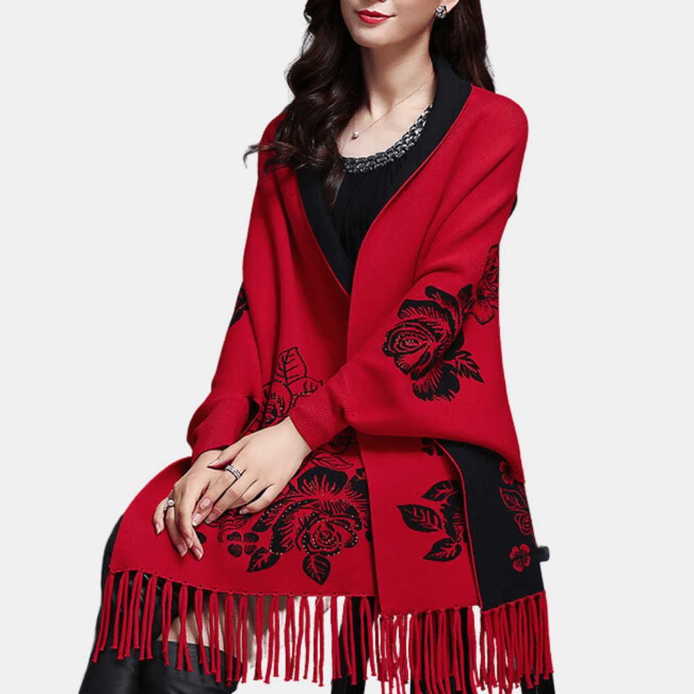 Embroidered Fringe Shawl Wrap | Elegant & Warm | Soft Knit Fabric | Versatile Layer