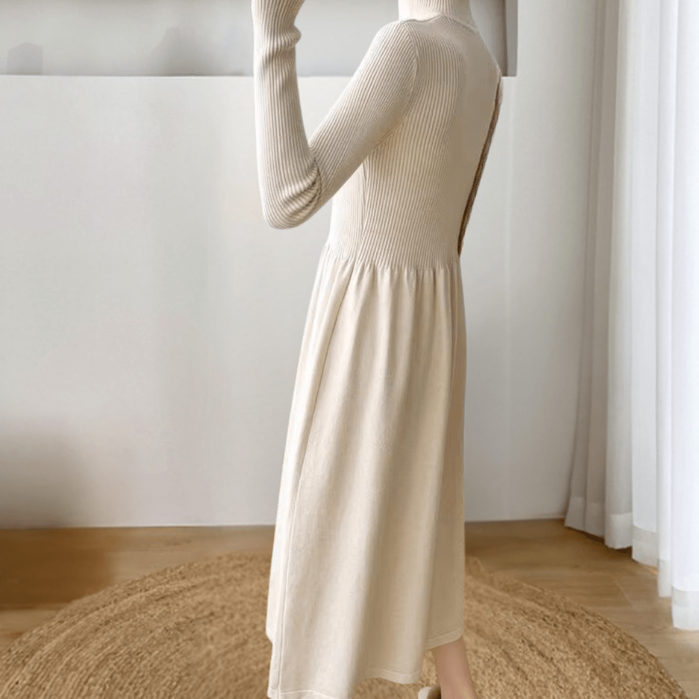 Elegant High-Neck Midi Dress | Long Sleeves | Soft Knit Fabric | Minimalist Style Description:
