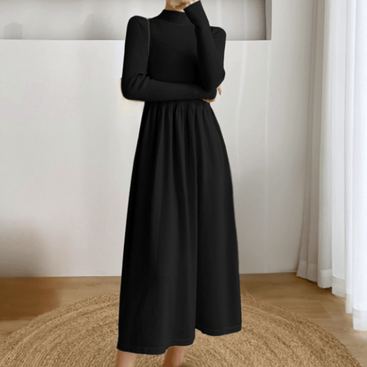 Elegant High-Neck Midi Dress | Long Sleeves | Soft Knit Fabric | Minimalist Style  Description: