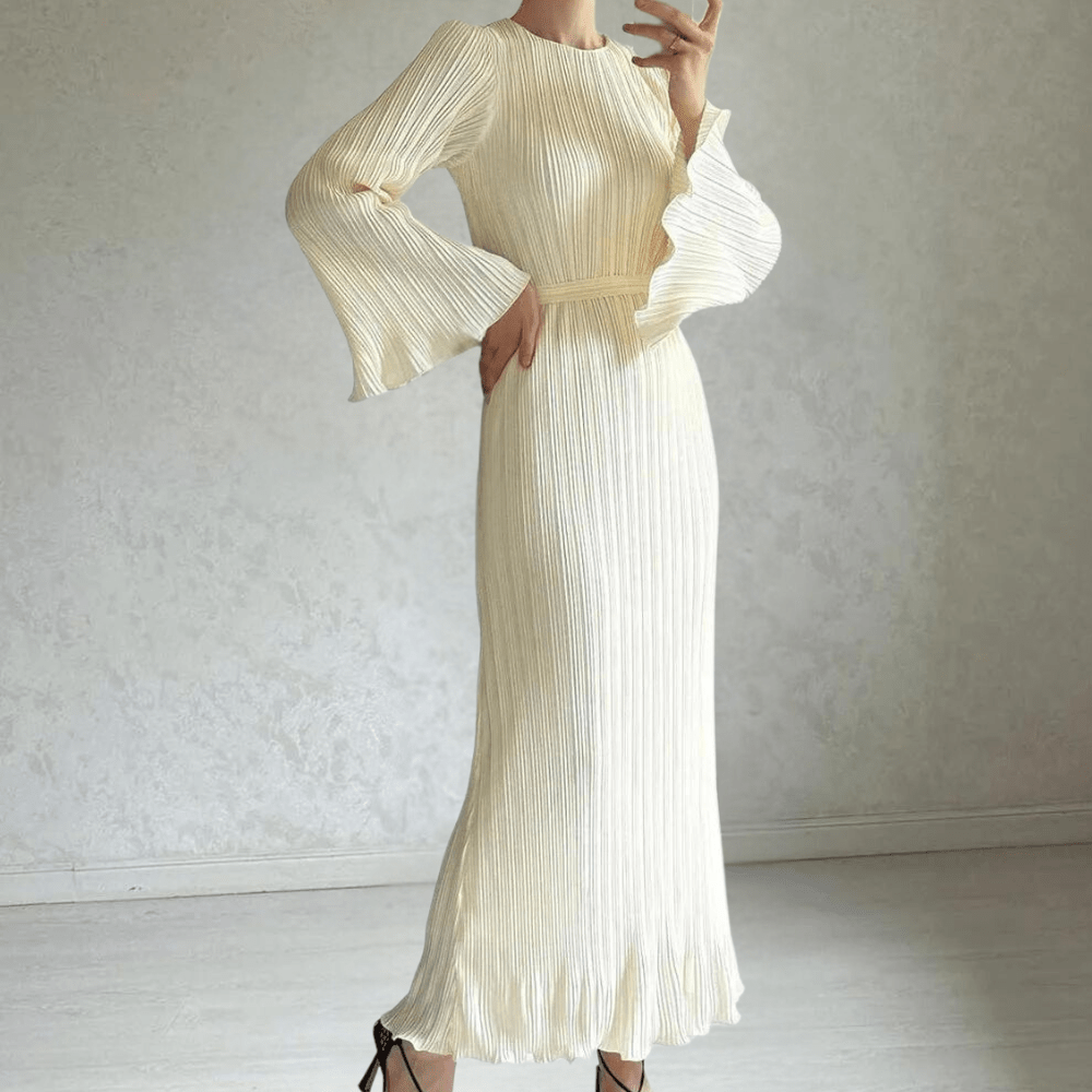 Pleated Maxi Knit Dress | Bell Sleeves | Stretch Fabric | Elegant & Comfortable