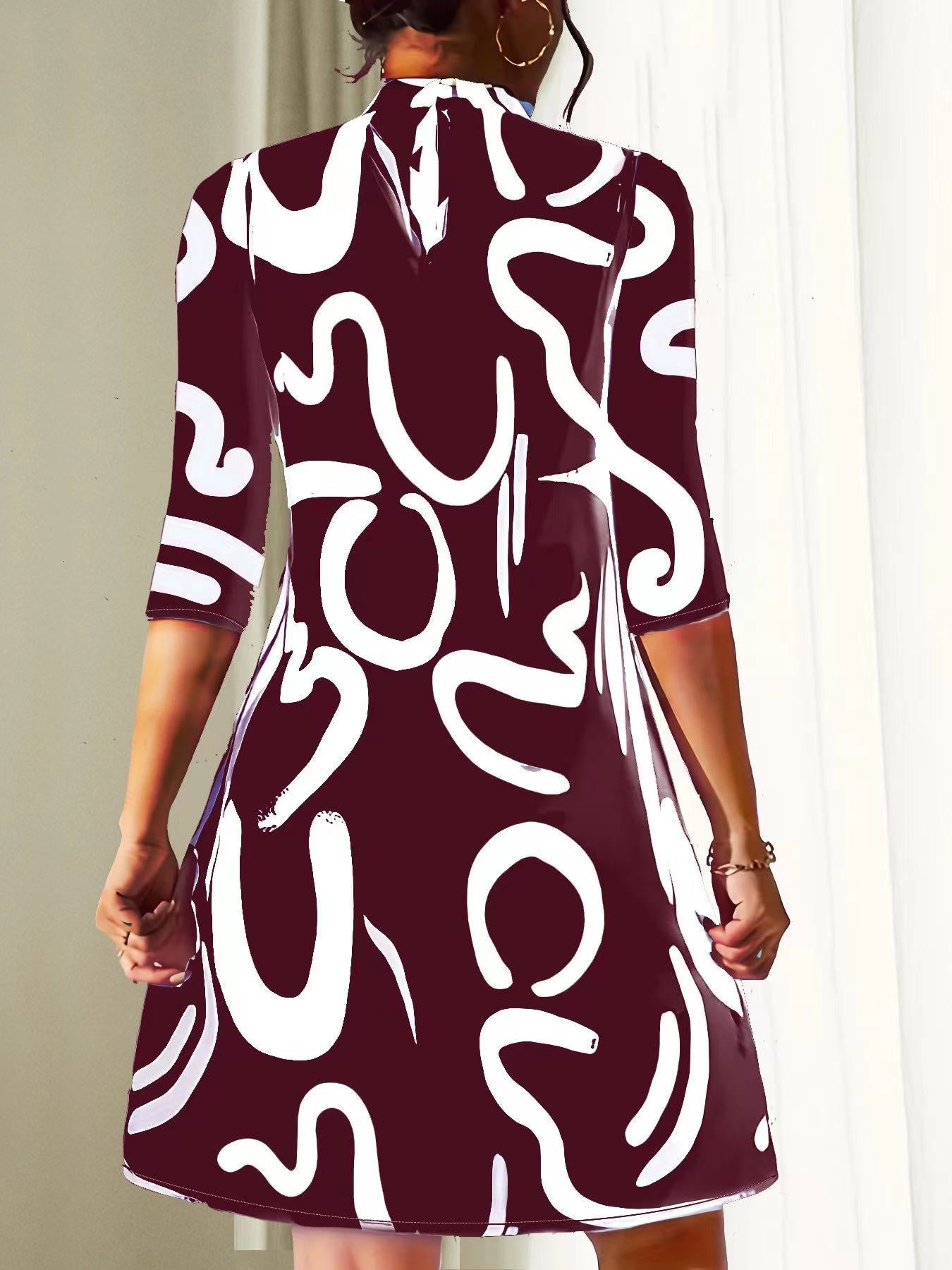 Abstract Print Mini Dress | High Neck | 3/4 Sleeve Shift Fit