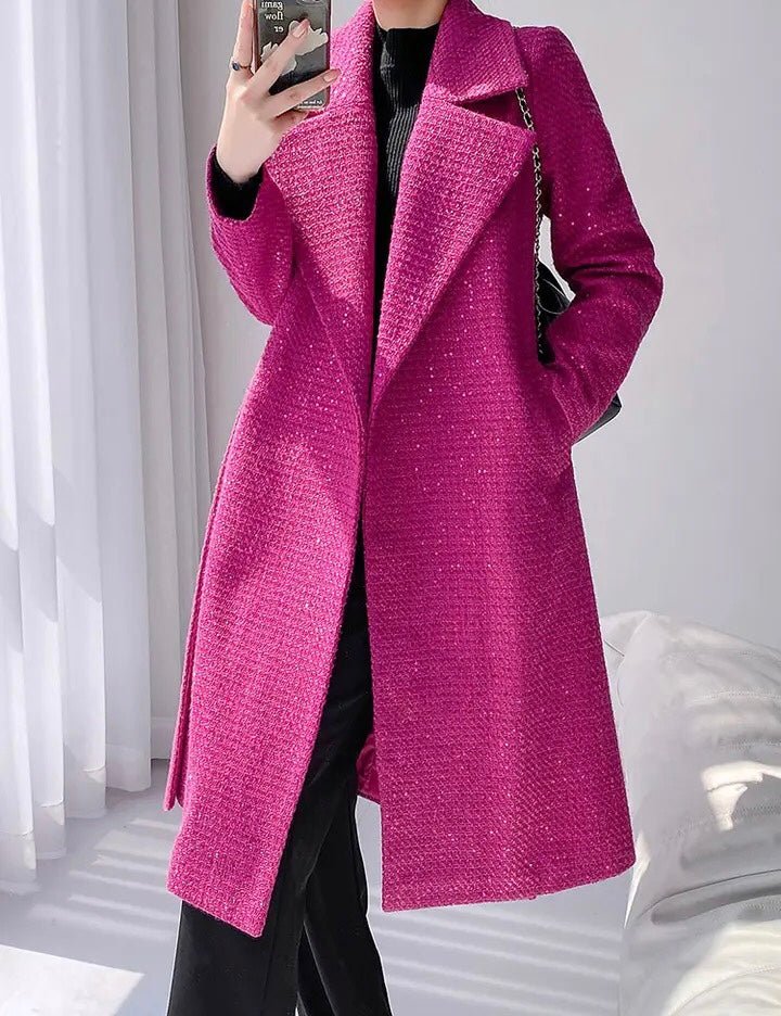 Belted Wool-Blend Coat | Longline Design | Vibrant Pink | Elegant Outerwear