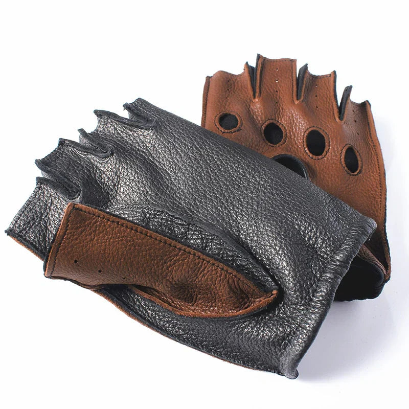Fingerless Leather Driving Gloves | Snap Closure | Vented Classic Style