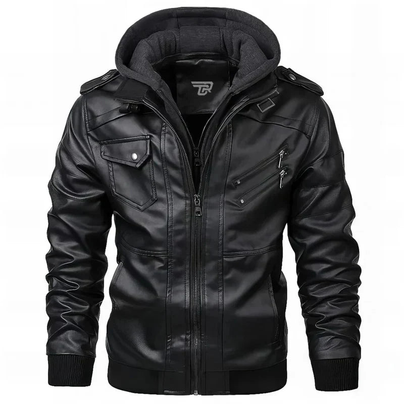 Faux Leather Bomber Jacket | Hooded | Zip Pockets & Ribbed Trim