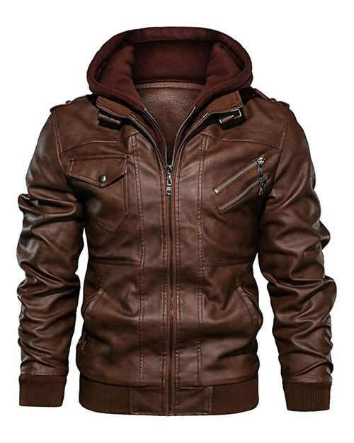 Faux Leather Bomber Jacket | Hooded | Zip Pockets & Ribbed Trim