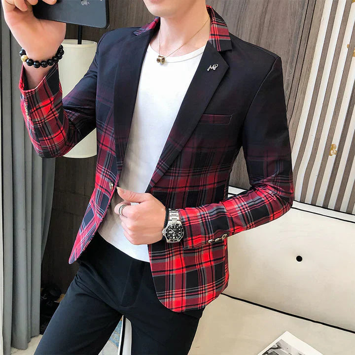 Men’s Plaid Panel Blazer | Tailored Slim Fit | Modern Casual Suit Jacket