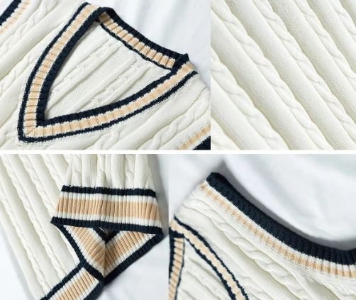 Cable Knit Sweater Vest | V-Neck Pullover with Striped Trim | Preppy Layer for All Seasons