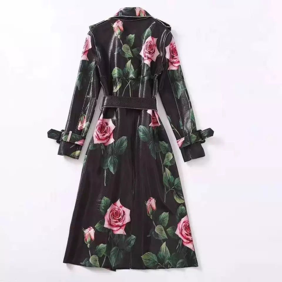 Floral Print Longline Trench Coat | Belted Waist | Statement Outerwear | Elegant Design