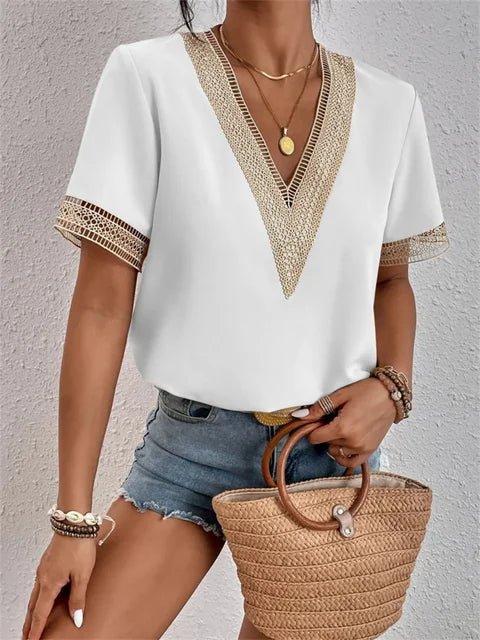 Crochet Trim V-Neck Blouse | Short Sleeve | Relaxed Summer Fit