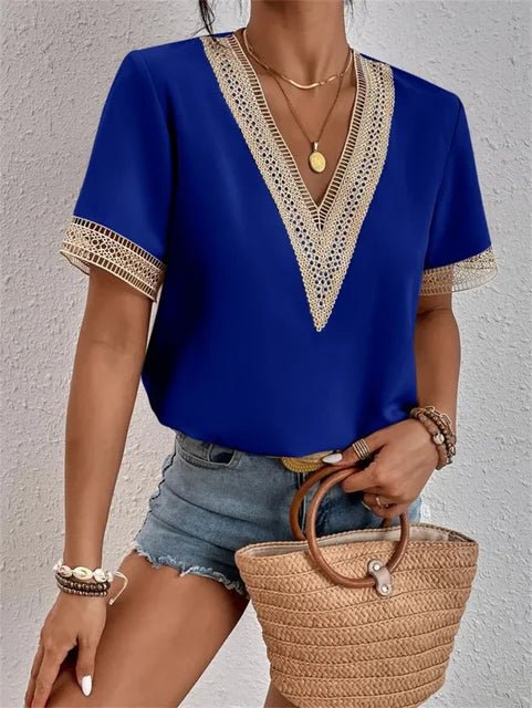 Crochet Trim V-Neck Blouse | Short Sleeve | Relaxed Summer Fit