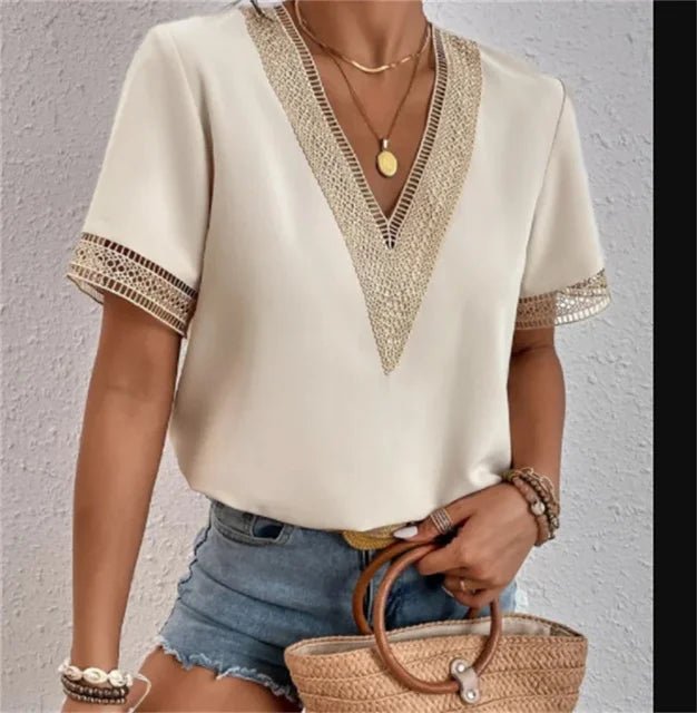 Crochet Trim V-Neck Blouse | Short Sleeve | Relaxed Summer Fit