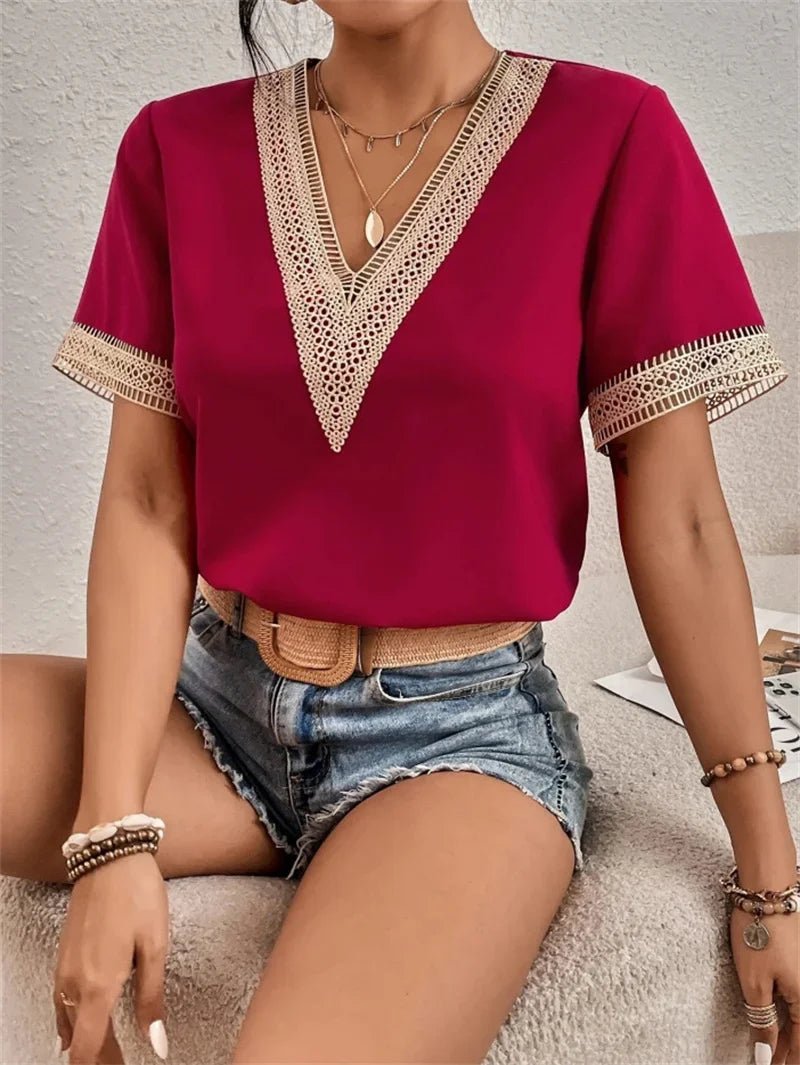 Crochet Trim V-Neck Blouse | Short Sleeve | Relaxed Summer Fit