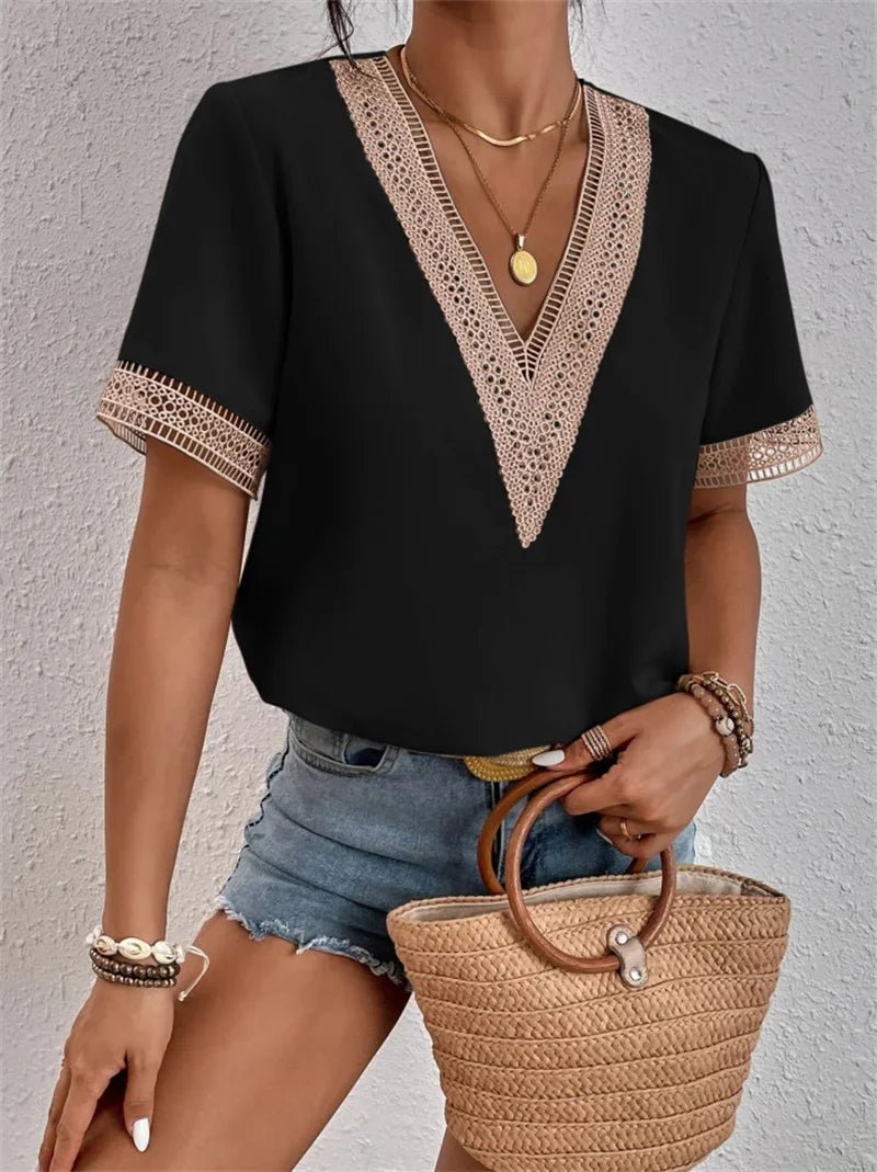 Crochet Trim V-Neck Blouse | Short Sleeve | Relaxed Summer Fit