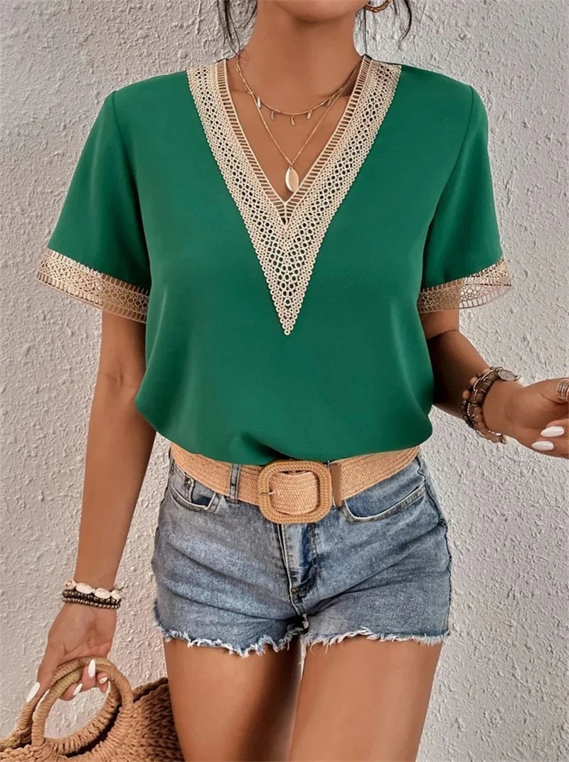 Crochet Trim V-Neck Blouse | Short Sleeve | Relaxed Summer Fit