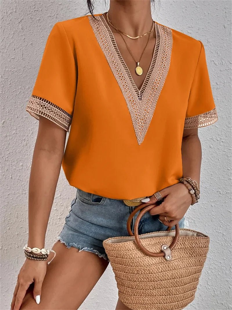 Crochet Trim V-Neck Blouse | Short Sleeve | Relaxed Summer Fit