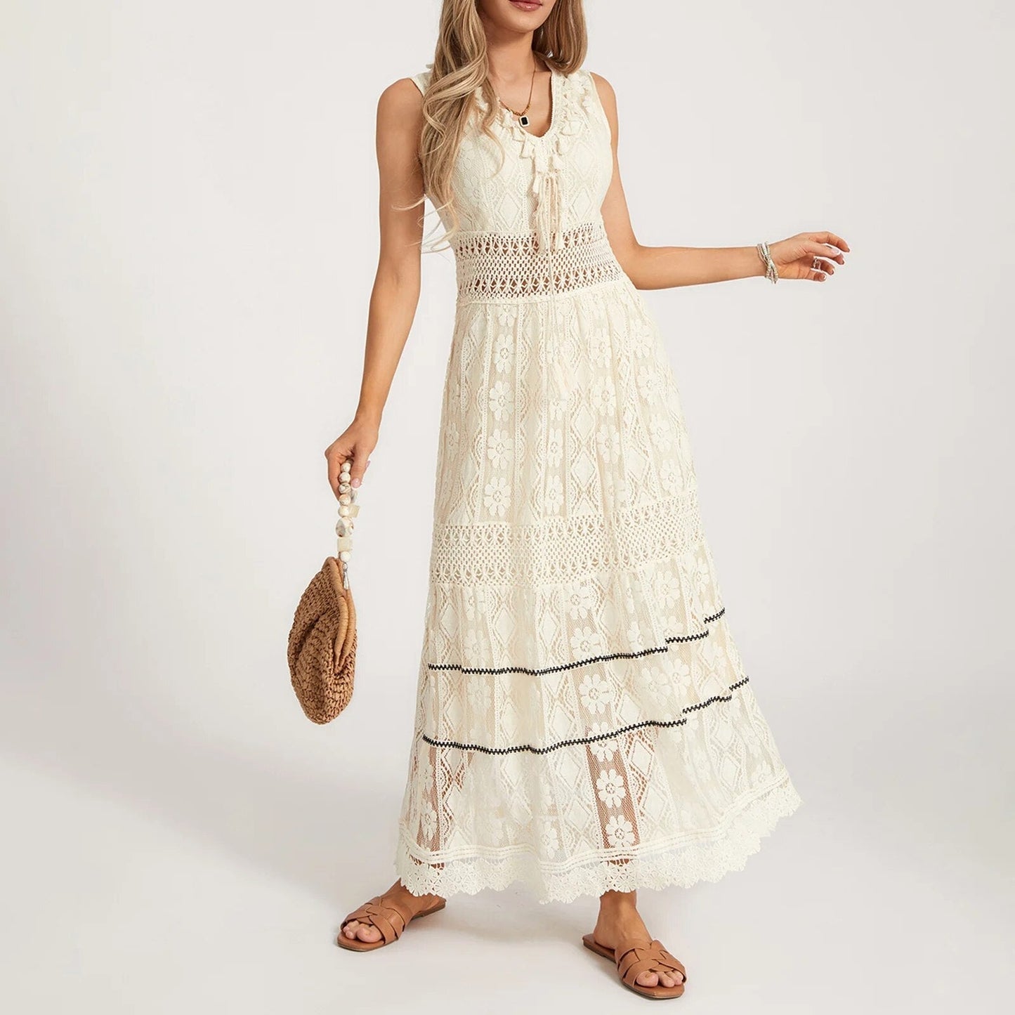 Sleeveless Lace Maxi Dress | Bohemian Charm | Lightweight Fabric | Beach or Summer Occasions