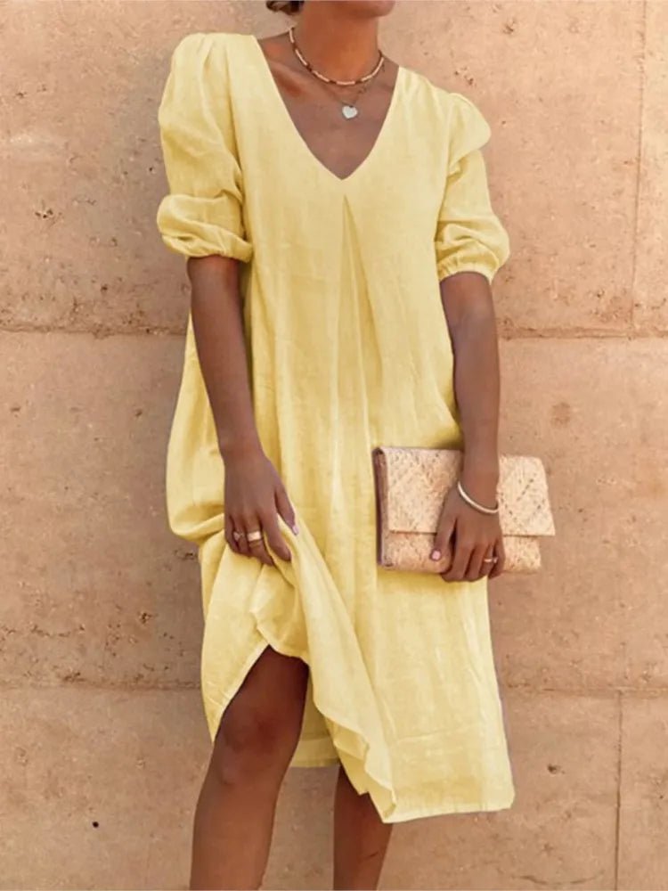 V-Neck Linen Blend Dress | Puff Sleeves | Relaxed Knee Length