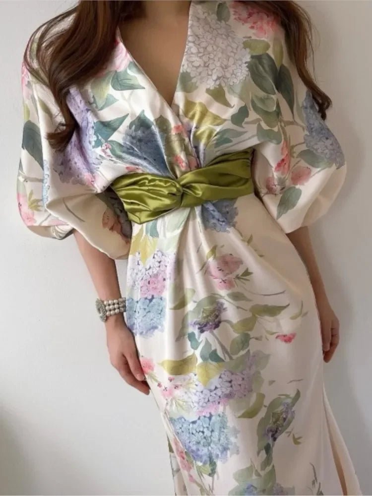 Floral Satin Kimono Maxi Dress | Tie-Waist Detail | Elegant and Lightweight | Evening Wear