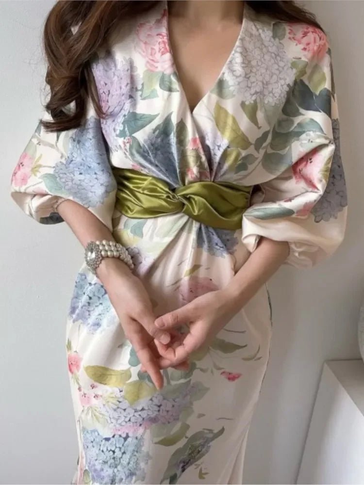 Floral Satin Kimono Maxi Dress | Tie-Waist Detail | Elegant and Lightweight | Evening Wear
