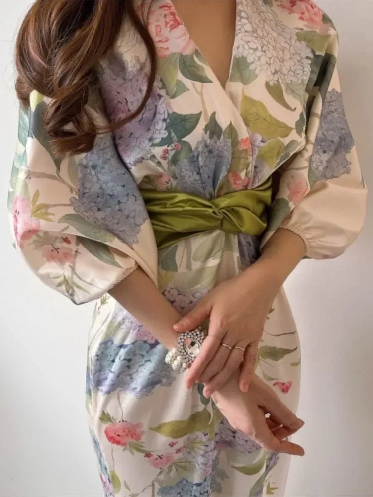 Floral Satin Kimono Maxi Dress | Tie-Waist Detail | Elegant and Lightweight | Evening Wear