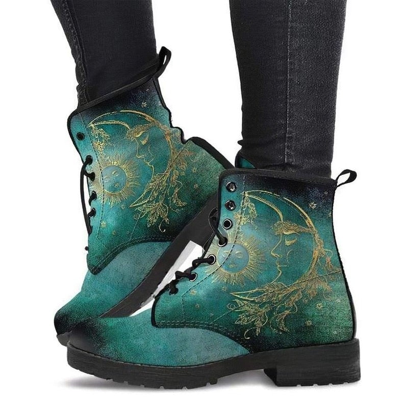 Celestial Combat Boots | Artistic & Durable | Lace-Up Design