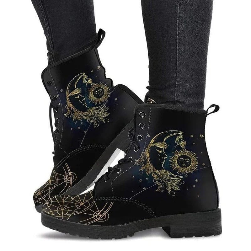 Celestial Combat Boots | Artistic & Durable | Lace-Up Design