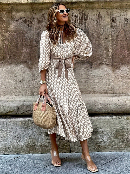 Women's Midi Dress | Printed Cotton Blend with Tie Waist | 3/4 Sleeve Button-Front Dress
