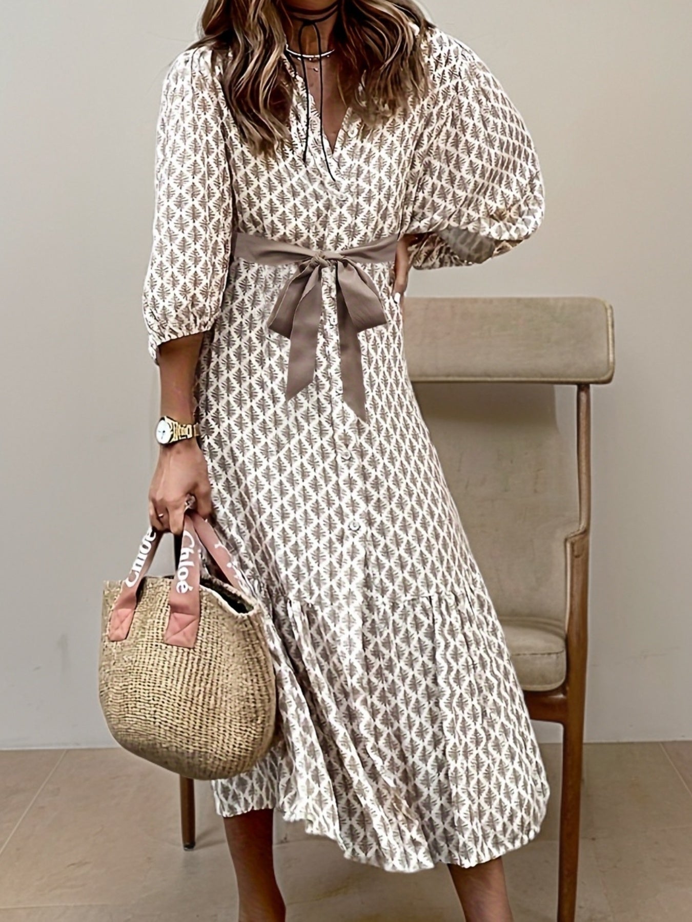 Women's Midi Dress | Printed Cotton Blend with Tie Waist | 3/4 Sleeve Button-Front Dress
