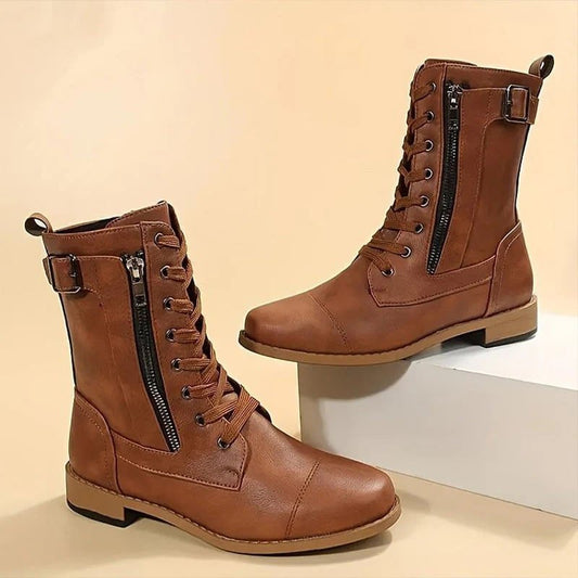 Combat-Style Ankle Boots | Double Zipper Detail | PU Leather | Everyday Wear