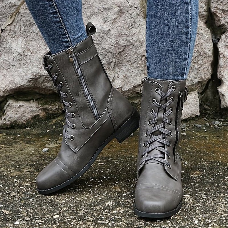 Combat-Style Ankle Boots | Double Zipper Detail | PU Leather | Everyday Wear