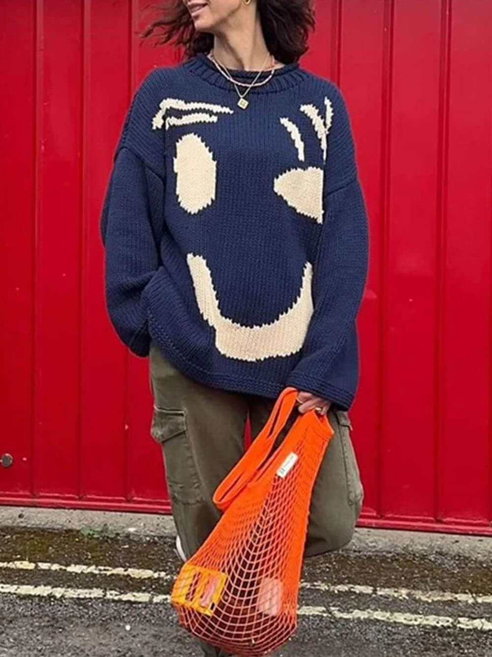 Oversized Knit Sweater | Abstract Face Embroidery | Art-Inspired Statement Pullover