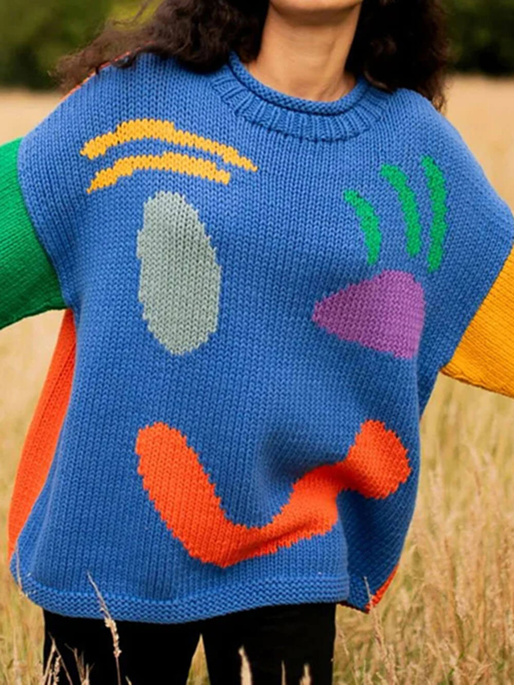 Oversized Knit Sweater | Abstract Face Embroidery | Art-Inspired Statement Pullover