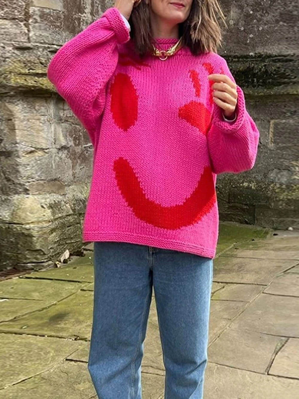 Oversized Knit Sweater | Abstract Face Embroidery | Art-Inspired Statement Pullover
