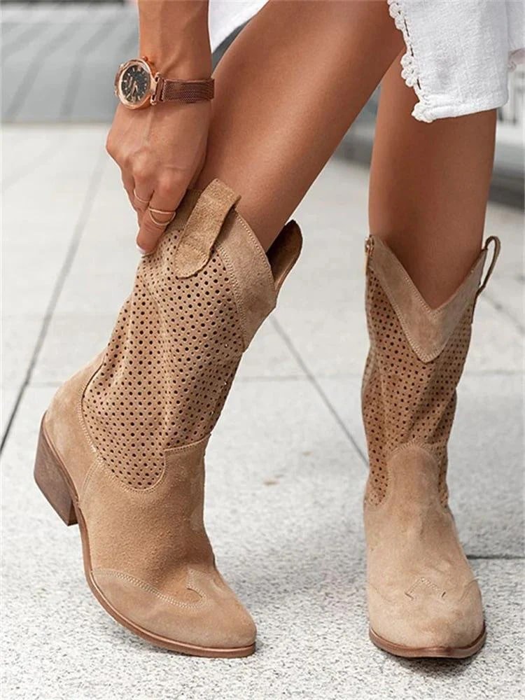 Perforated Western Ankle Boots | Suede | Block Heel | Casual Chic