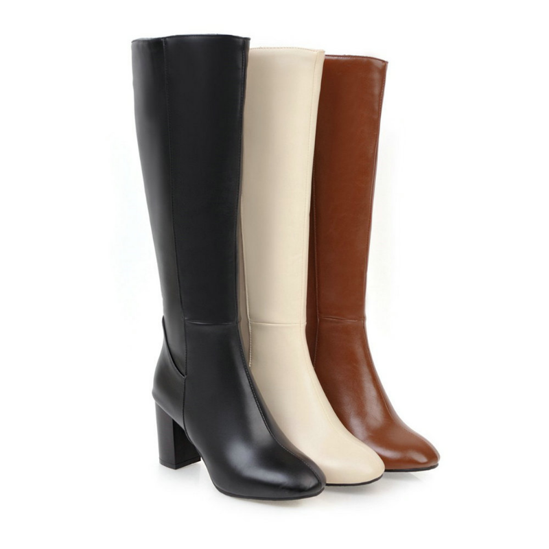 Tall Block Heel Boots | Sleek Zip-Up Design | Faux Leather Knee-High