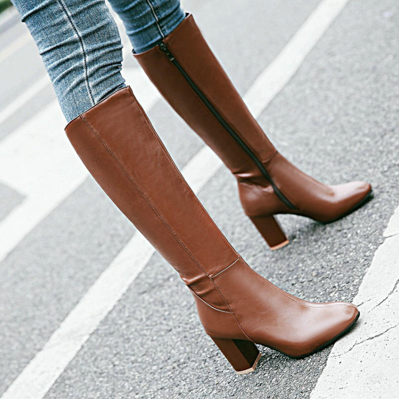 Tall Block Heel Boots | Sleek Zip-Up Design | Faux Leather Knee-High