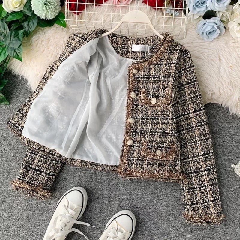 Cropped Tweed Jacket | Gold Button Accents | Classic Elegance | Sophisticated Layering