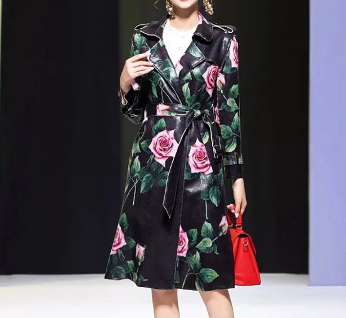 Floral Print Longline Trench Coat | Belted Waist | Statement Outerwear | Elegant Design