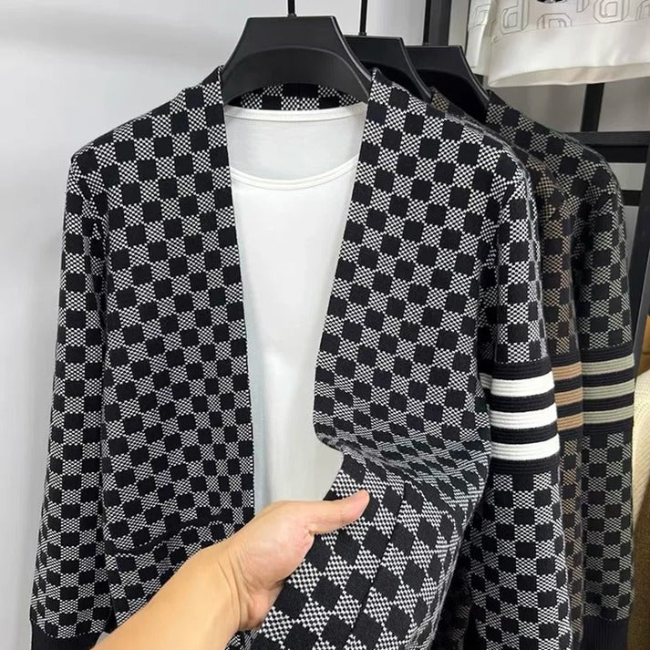 Men’s Checkered Knit Cardigan | Open Front Casual Sweater | Lightweight Streetwear Layer