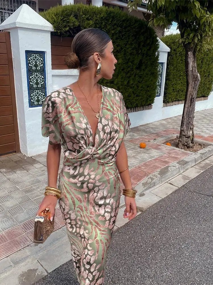 Metallic Animal Print Midi Dress | Twist Front | Short Sleeve Silhouette