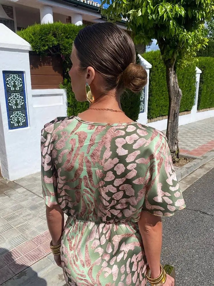 Metallic Animal Print Midi Dress | Twist Front | Short Sleeve Silhouette