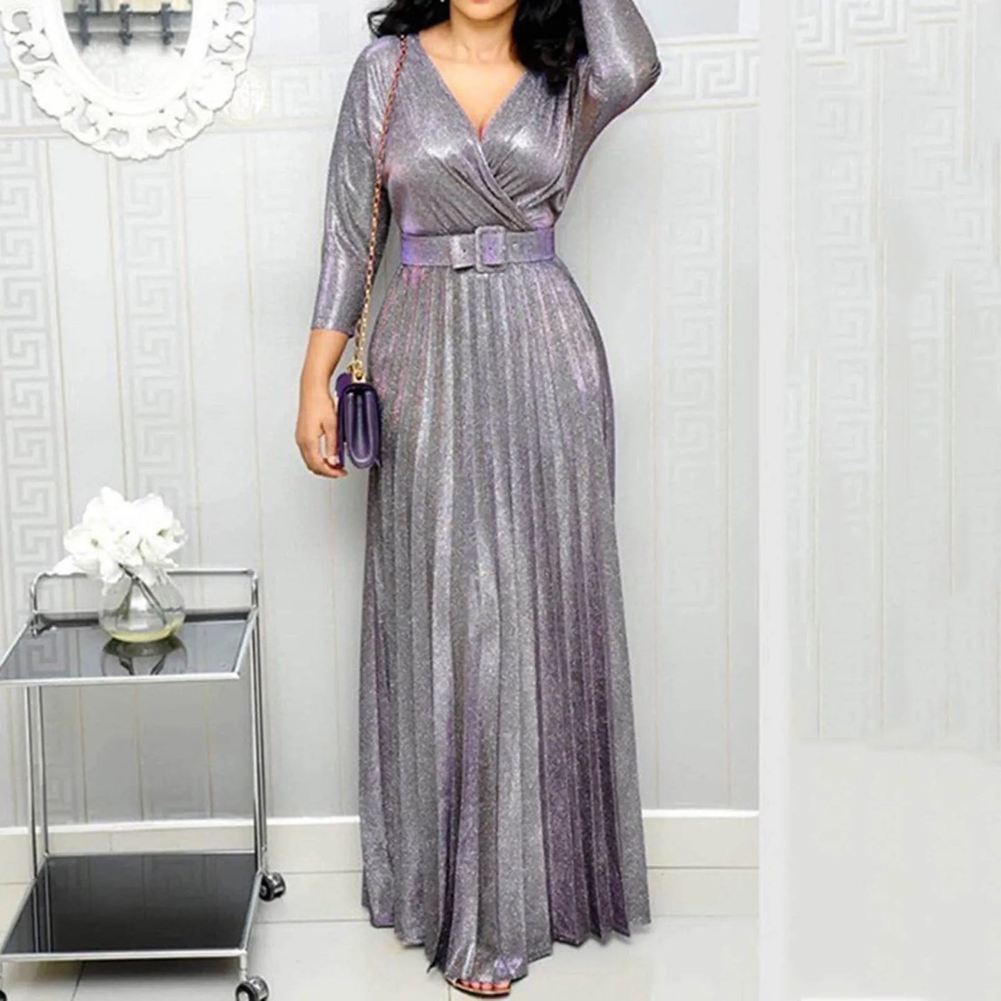 Metallic Wrap Maxi Dress | Shimmering Pleated Design | Elegant Evening Wear