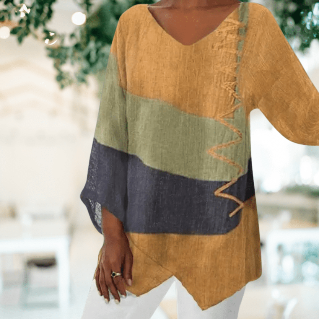 V-Neck Colourblock Tunic Top | Lightweight Linen Blend | Asymmetrical Hem