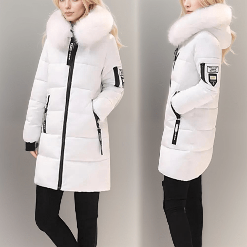 Sporty Winter Puffer Jacket with Faux Fur Collar | White | Cotton Blend