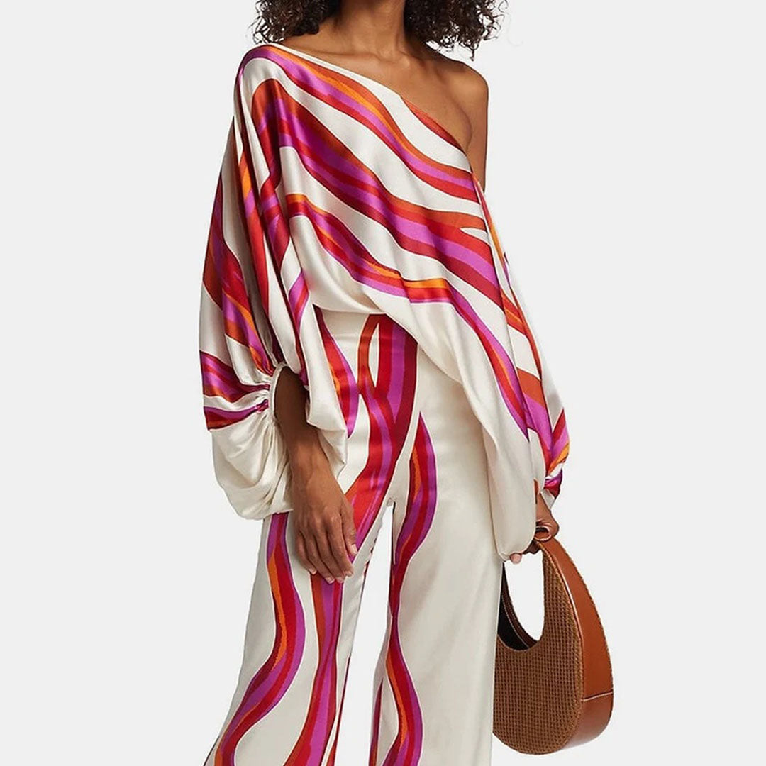 Off-Shoulder Wide-Leg Set | Flowy Silhouette | Bold Abstract Print