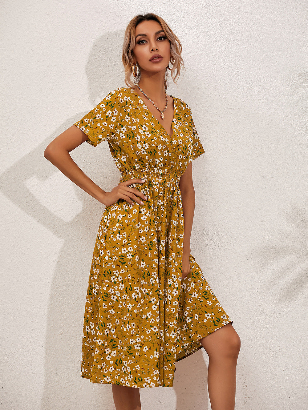 Floral V-Neck Midi Dress | Lightweight Summer Style | Cinched Waist