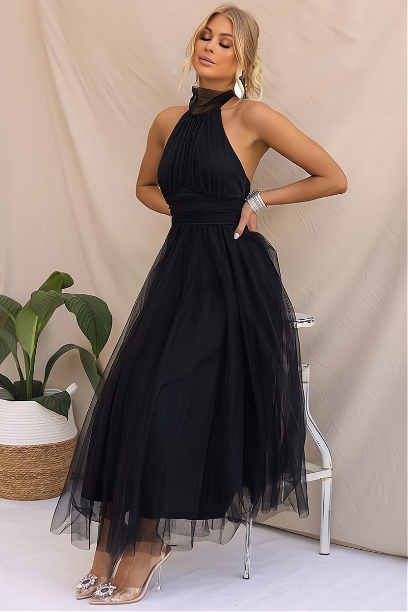 Halter Neck Tulle Midi Dress | Layered A-Line with Sheer Tie Neck | Elegant Occasionwear