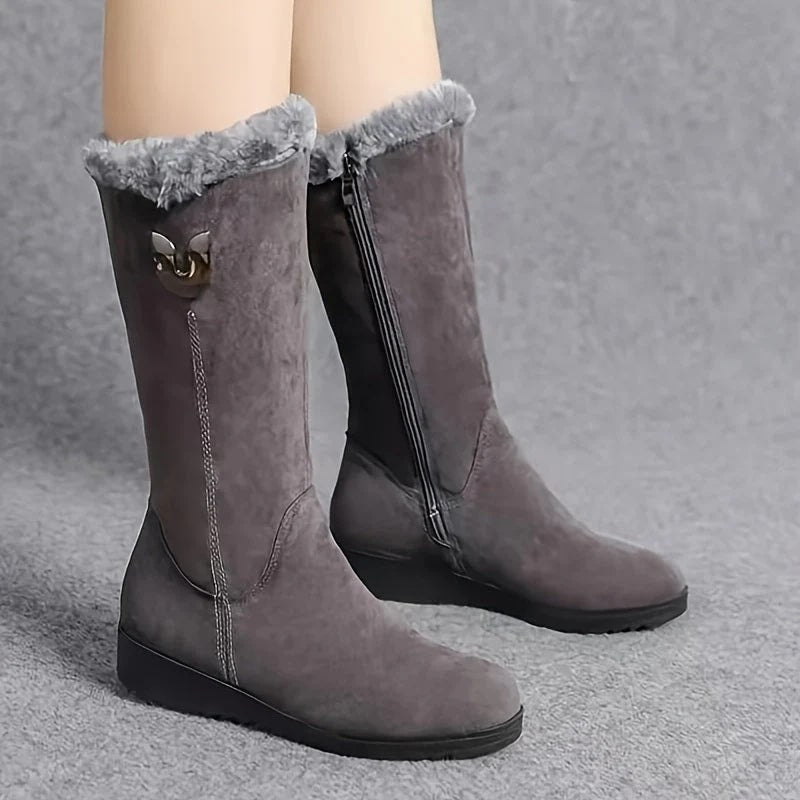 Faux Suede Mid-Calf Boots with Fur Lining | Warm & Elegant | Side-Zip Design